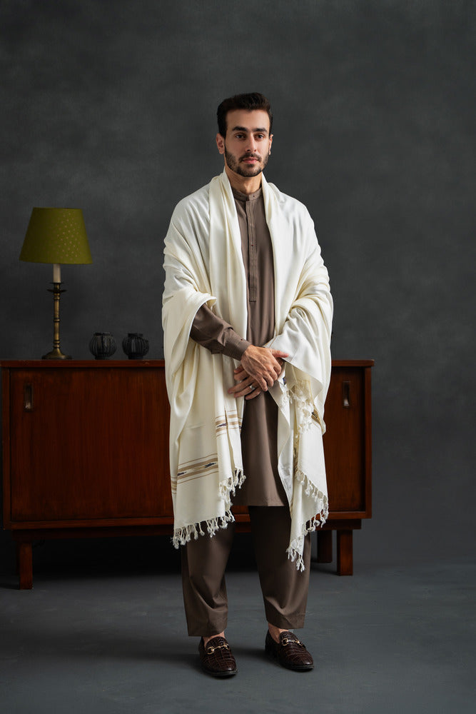 Men's Winter Pashmina Woolen Shawl - (Cream) - JS-02