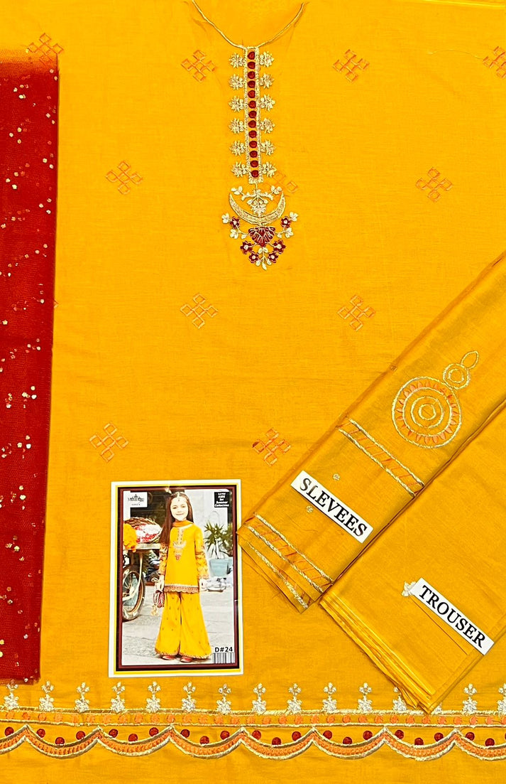 Kids 3PC Emb Lawn Dress With Net Dupatta - (Unstitched) - AL306