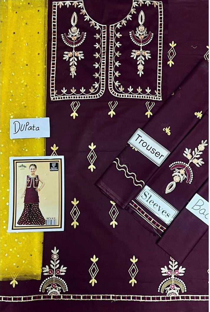 Kids 3PC Emb Lawn Dress With Net Dupatta - (Unstitched) - AL310
